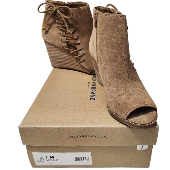 Lucky Brand Ankle  Booties Jaevin Sesam Suede Peep Toe Wedge Side Zip Size 7 - Picture 4 of 9
